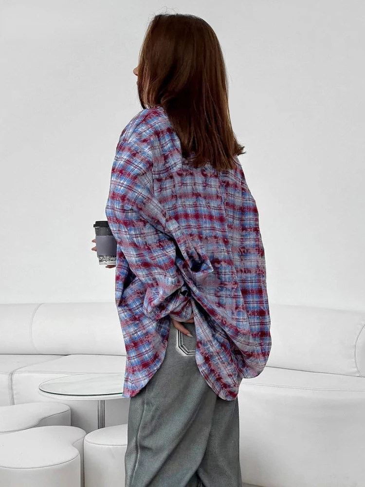 Fashion Distressed Plaid Shirts Blouses Women Spring Purple Office Lady Loose Shirts Cotton Long Sleeve Blouses 2024