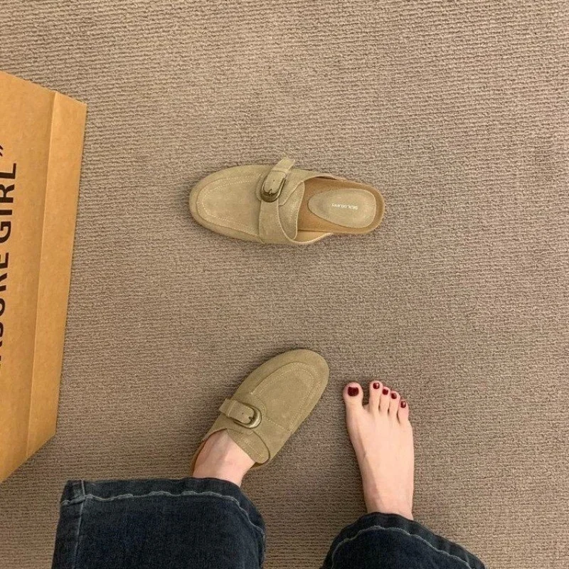 

Composite-soled flat Roman-style slippers with suede leather, rounded toe, and low heel(1-3cm)