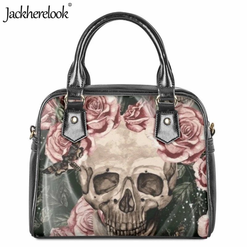 

Jackherelook Gothic Skull Rose Print Handbags Women Fashion Trend New Leather Shoulder Bag Classic Travel Shopping Messenger Bag