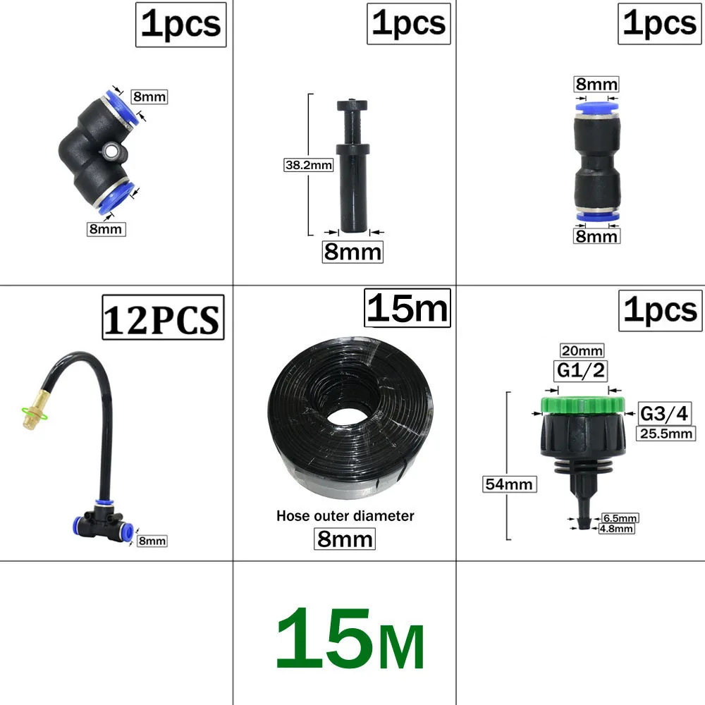 Sistema de refrigeração ao ar livre, DIY Jardim Irrigação, Rega Latão, Atomizador Bicos, Kit Conector para Pátio, Estufa, 8mm