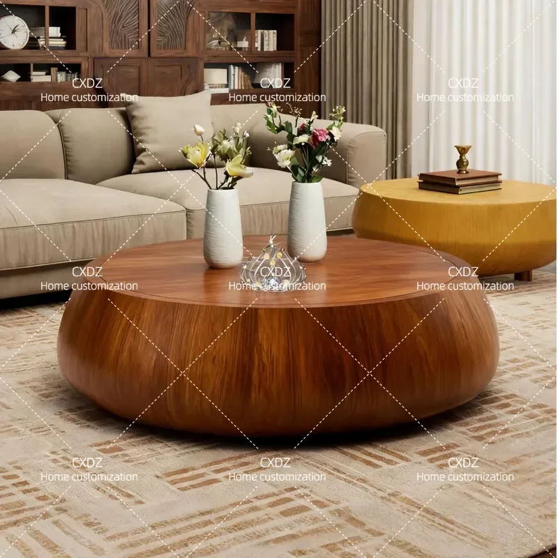 Modern Round Coffee Table with Marble Top and Black Oak Base High Gloss Piano Finish Solid Wood Multi Layer Living Room Tea