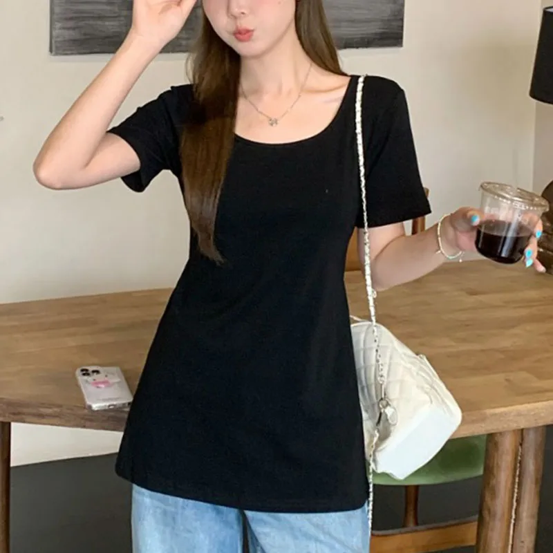 

Новая летняя облегающая футболка на правое плечо, закрывающая талию, для похудения, шикарная милая футболка средней длины с короткими рукавами