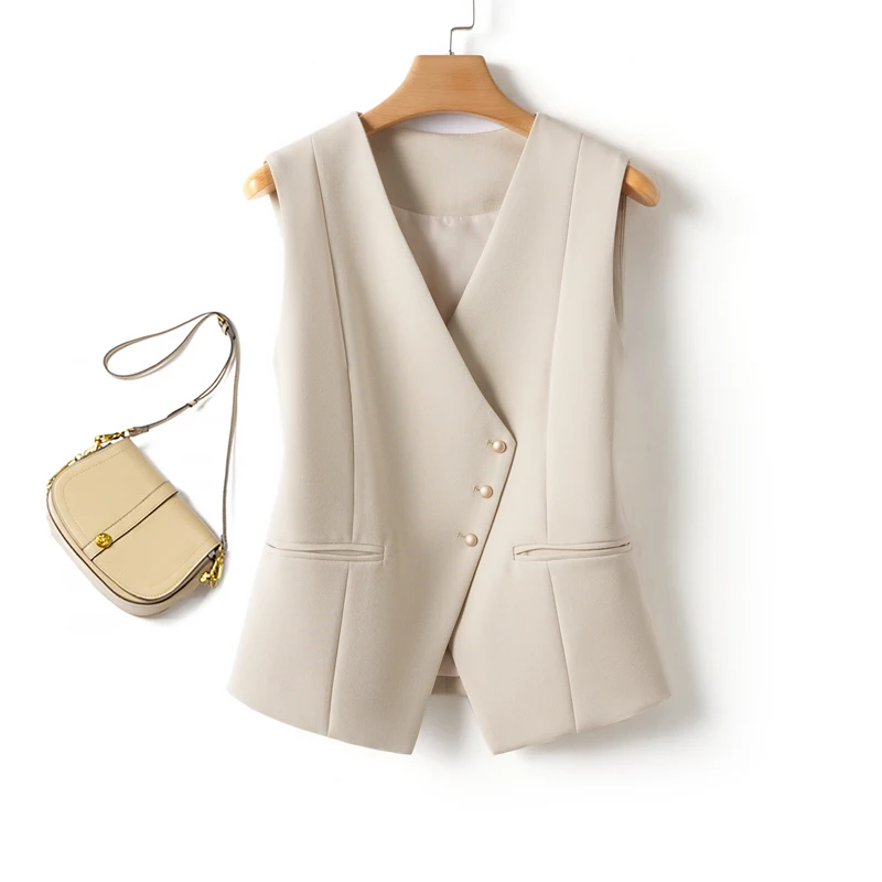 

Solid Color Short Vest Women's Spring & Fall Fashion V Neck Diagonal Button Versatile Workplace Elegant Vest Jacket Top