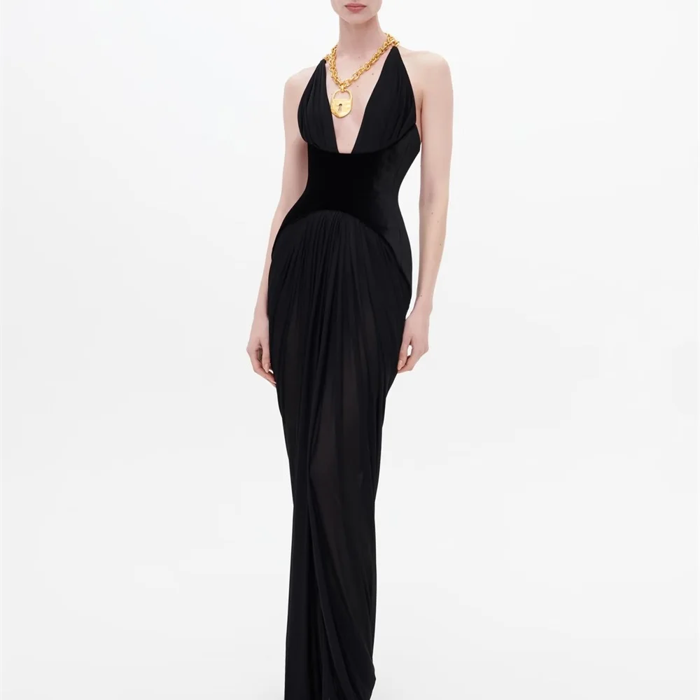 Summer 2026 Women's Evening Dress – Stretchy Corset-Style V-Neck Halter Dress (Y2K Style) – Trendy Pleated Maxi Dress