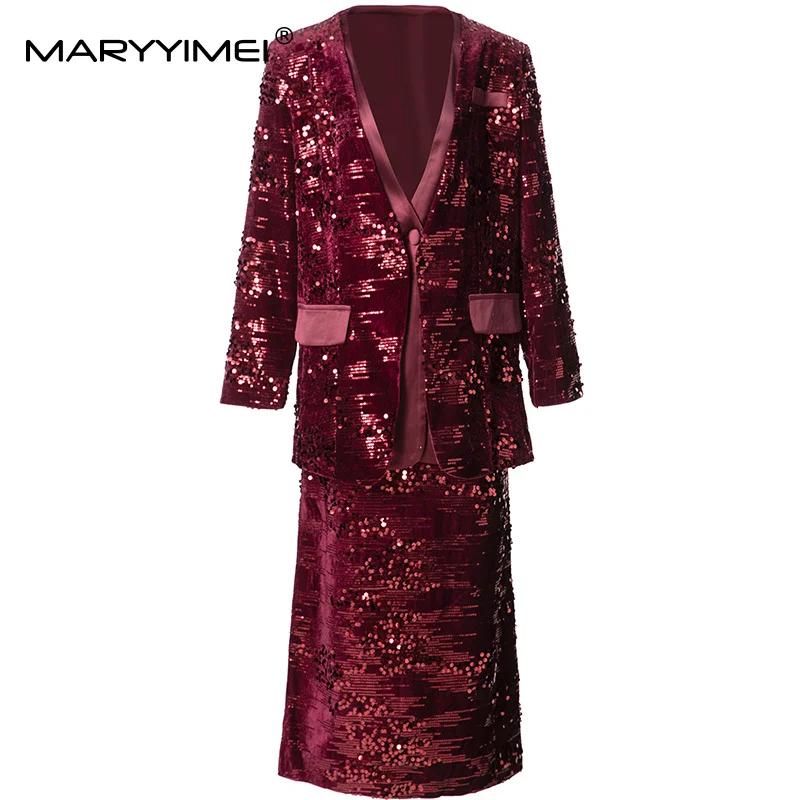 

MARYYIMEI Women's Elegant Party Prom Suit Single-Button V-Neck Long-Sleeved Tops+Slim-Fit Hip Wrap straight Skirt 2-piece set