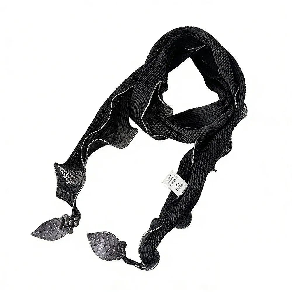 

Solid Color Crushed Silk Scarf Leaf Pendant Frilled Edge Small Neckerchief Wrinkled Silk Artistic Design Neckerchief Summer Wear