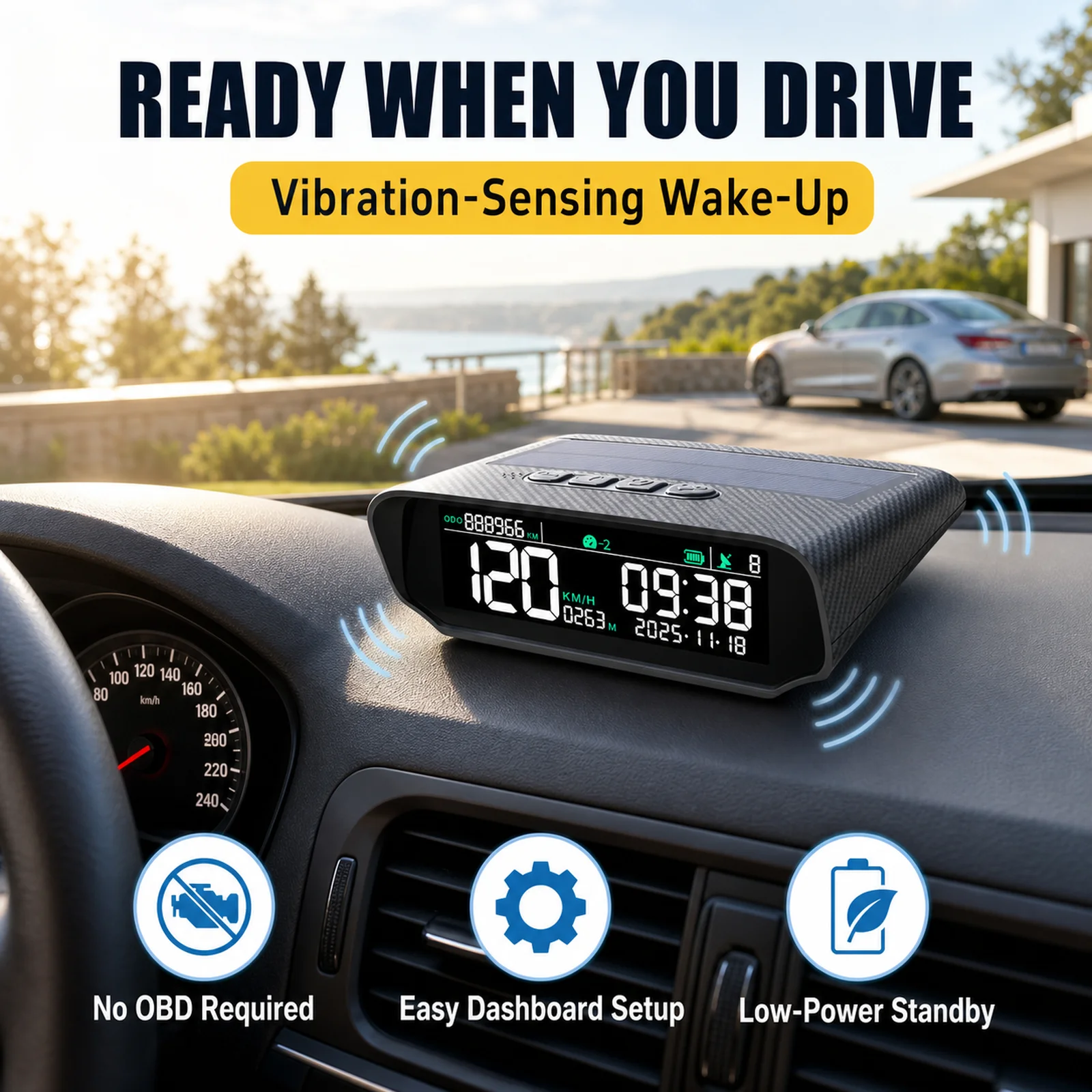 Solar GPS Digital Speedometer for Car, USB Rechargeable Dashboard Speed Display, No OBD Required, Shows Speed, Altitude, Time, M
