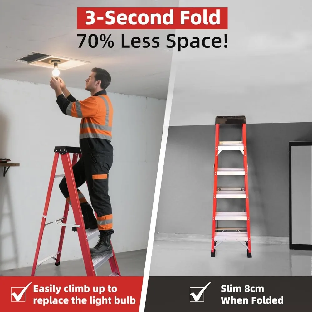 سلم من الألياف الزجاجية بطول 6 أقدام مع منصة أدوات، سعة 500 رطل، نوع IA للمطبخ والمستودعات والاستخدام المنزلي