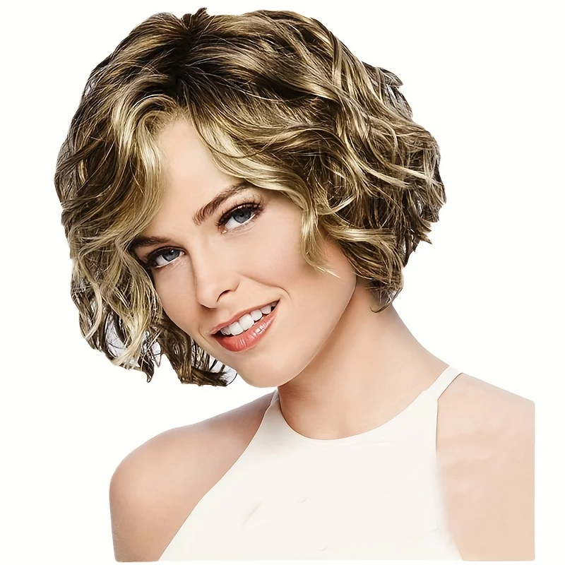 

Fashionable Women's Rose Net Side-Part Synthetic Short Curly Hair Fluffy Stylish Golden Brown Mixed Color Pear Blossom Curly Wig