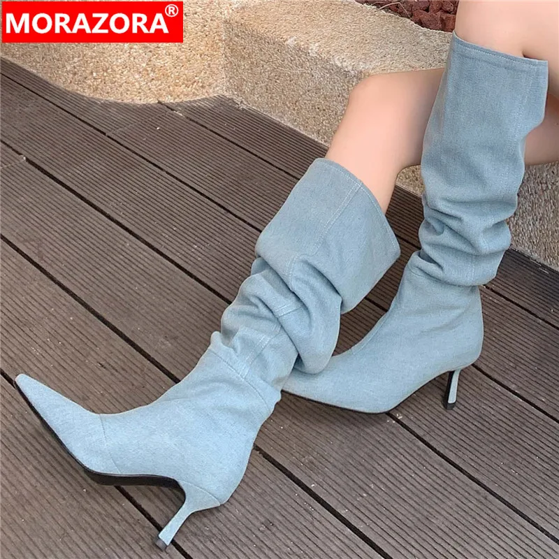 

MORAZORA 2024 New Pleated Denim Autumn Boots Women Slip On Over The Knee Boots Pointed Toe Thin High Heels Boots