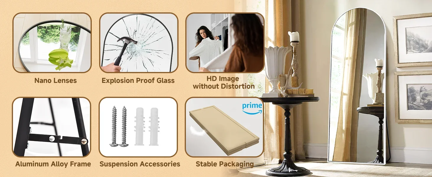 White full floor mirror material, mirror, mounting accessories, packaging