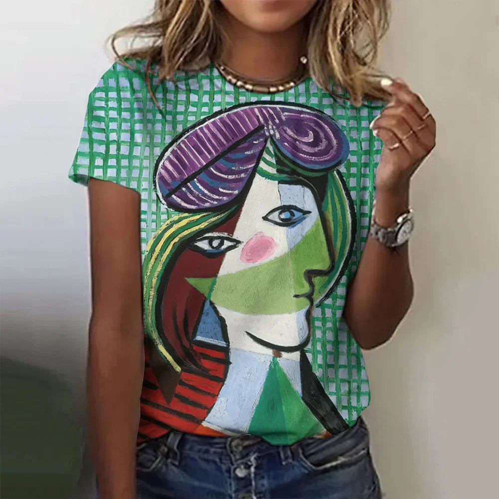 Camiseta con estampado de grafiti para mujer, Tops de manga corta con cuello redondo, Top de gran tamaño, ropa Y2k