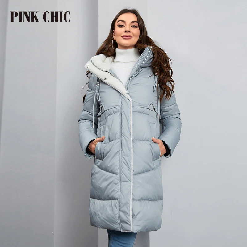 PINK CHIC 2023 New Winter Coat Women\'s Down Jacket High Quality Fur Collar Thermal Hooded Fashion Long Parka Women\'s W6515