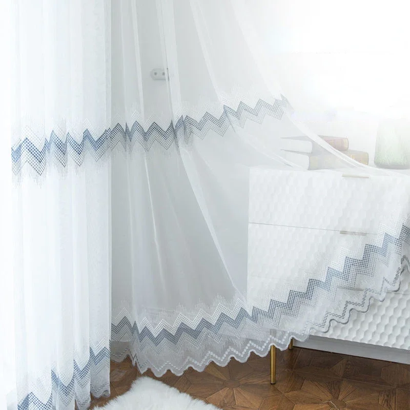 

Curtain 1 Panel 270cm White Sheer Window Treatment Wave Embroidery Farmhouse Curtains for Living Room Rustic Simple Soft Drape