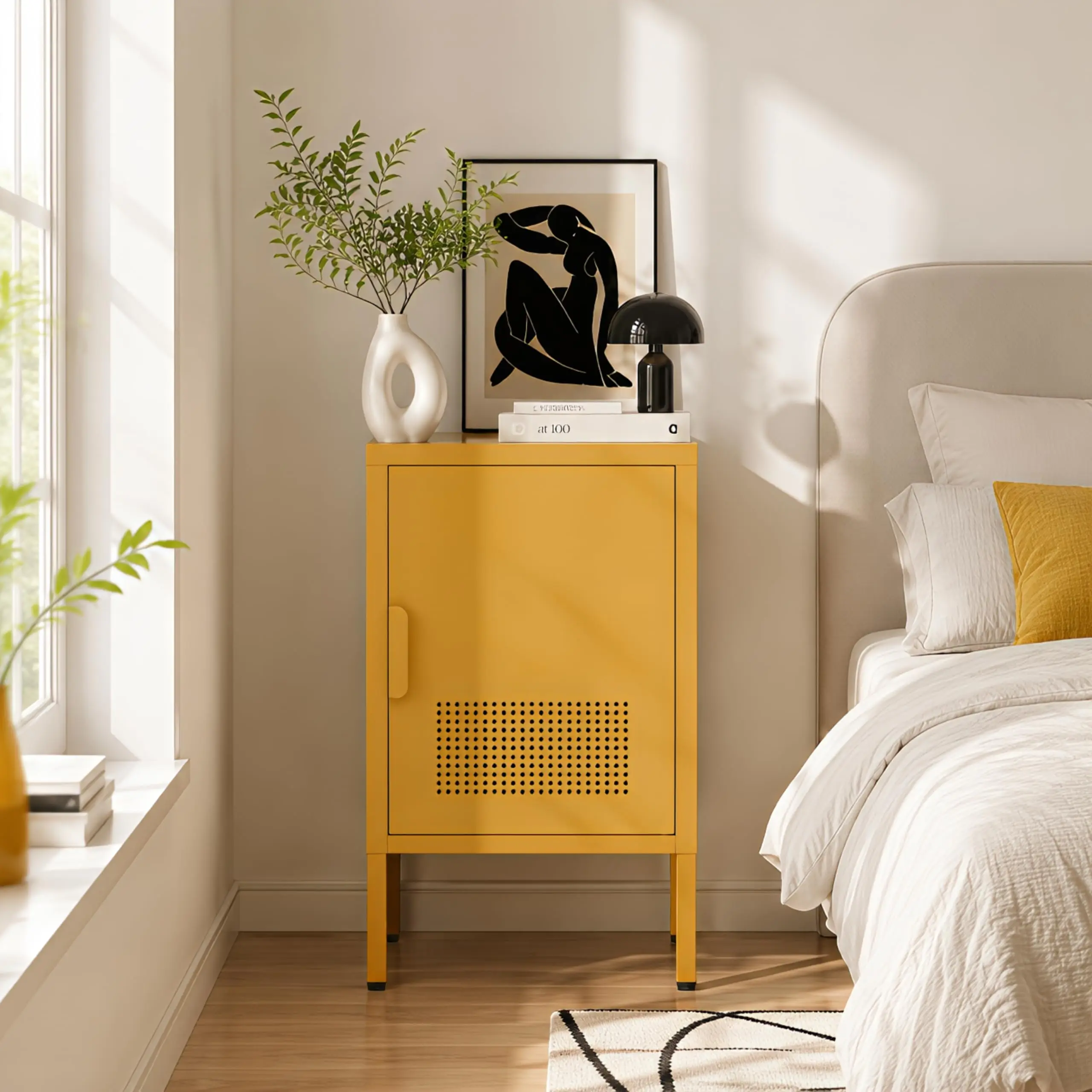Single Door Metal Coffee Table Adjustable Easy to Assemble Living Room 2-Tier Side Table for Storing Mobile Phones and