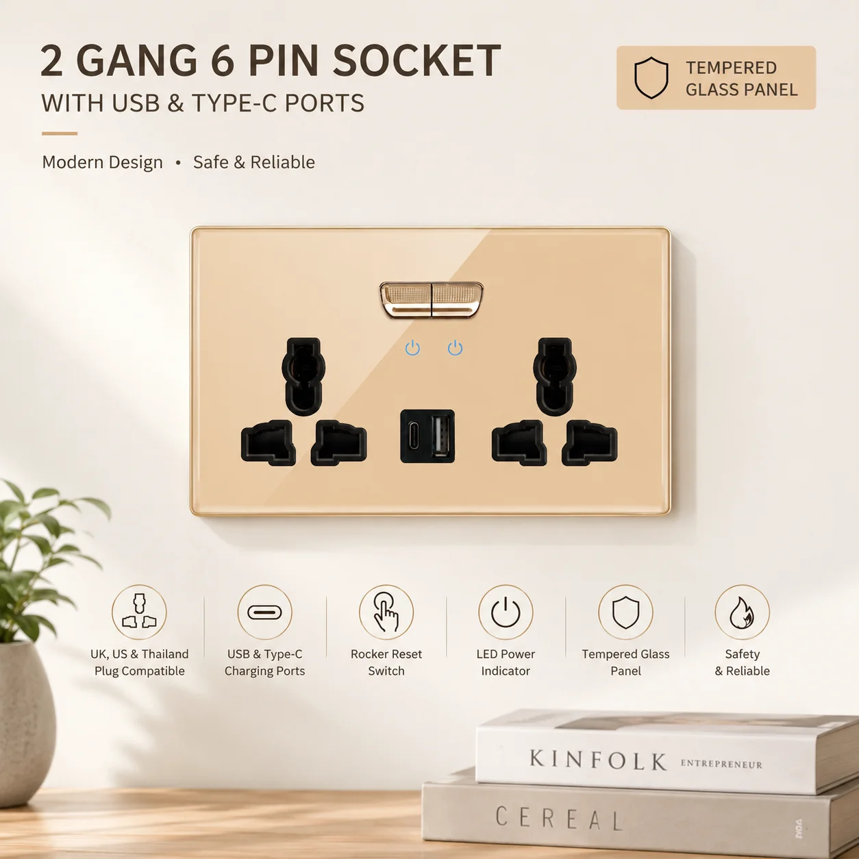 Gold Glass Panel Wall Switch LED Euro 16a Socket Retro Toggle Light Switch EU UK Standard 2way Socket 1-4gang Wall Power Outlet image 2