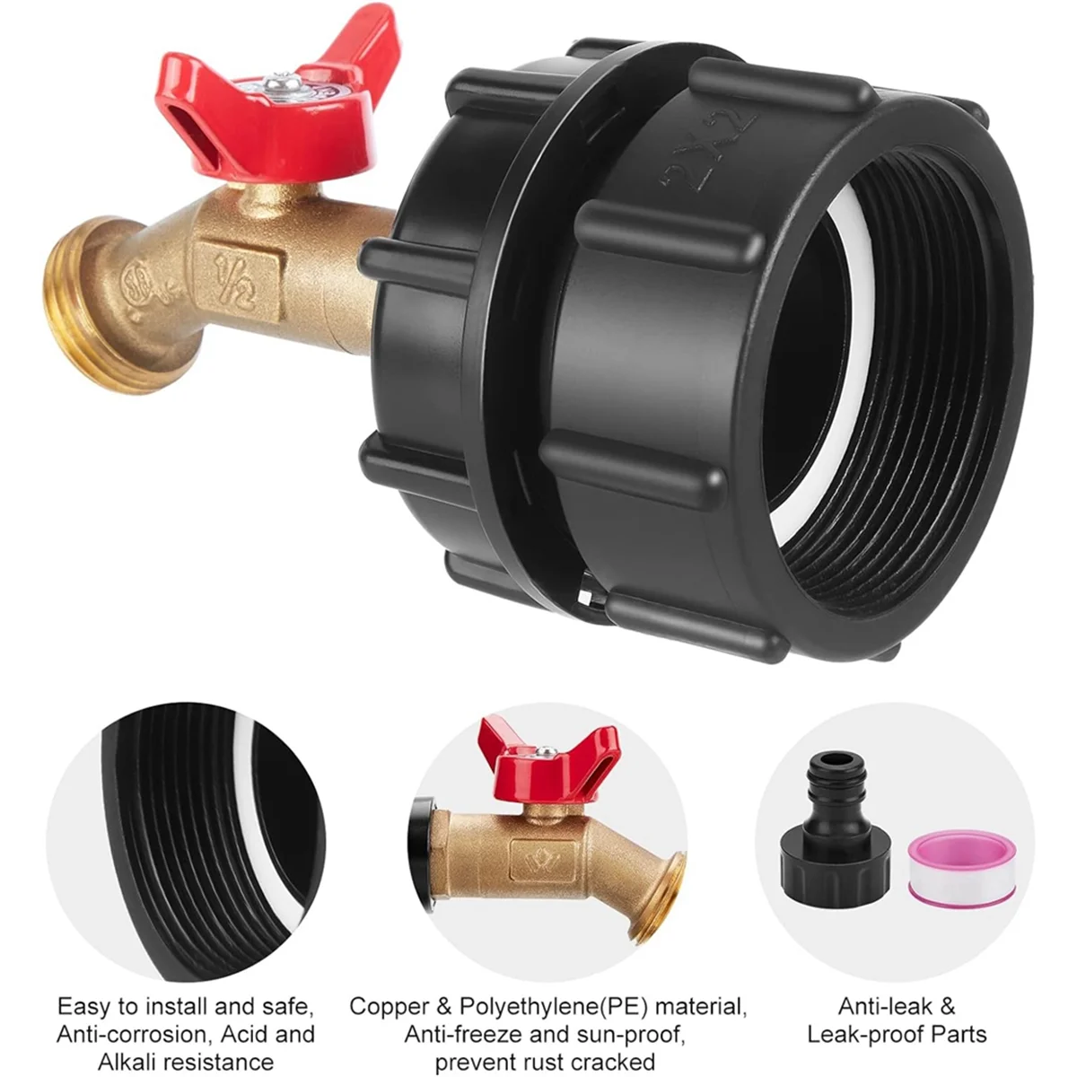 ABKO-IBC Tank Adapter, 2.36In Fine Thread Adapter for 275-330 Gallon IBC Tote Tank, Tote Fitting with Brass Hose Faucet Valve