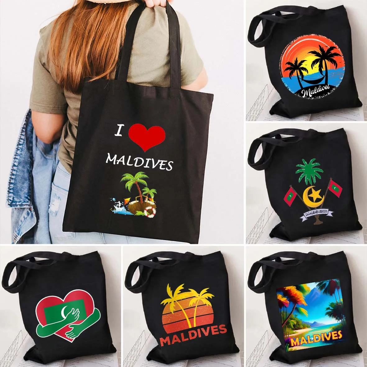 

Retro Summer Beach Holiday Maldives Maldivian Flag Love Heart Shopping Shoulder Black Canvas Tote Bags Harajuku Shopper Handbags