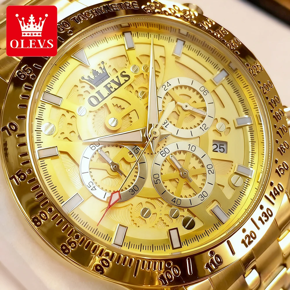 OLEVS 럭셔리 남성 시계 트렌드 패션 골드 오리지널 쿼츠 손목시계 방수 발광 날짜 크로노그래프