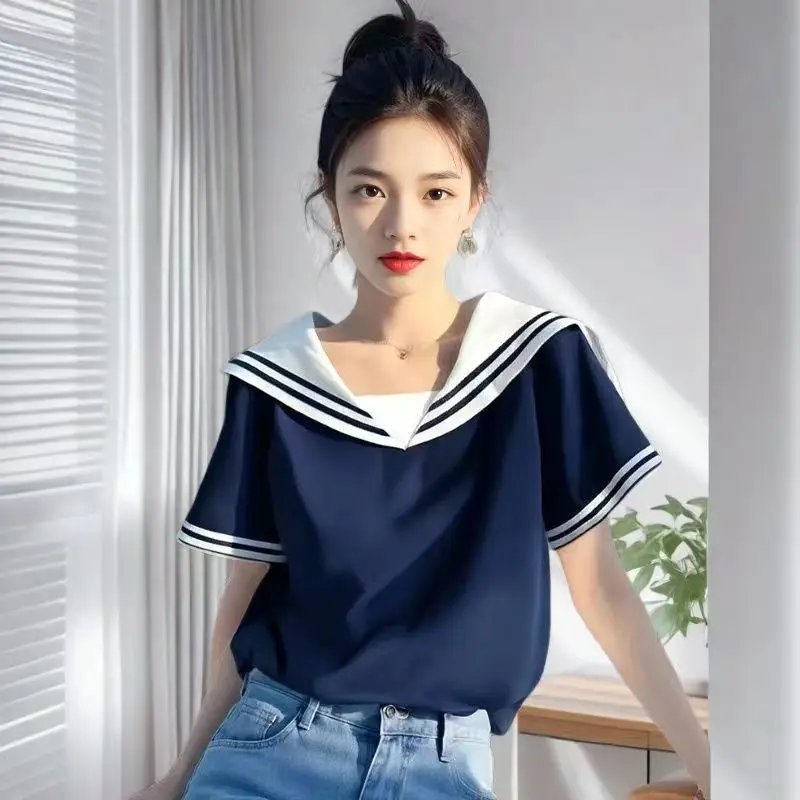

Summer New High Quality 100% Cotton Blouse Shirt Mori Girls JK Sailor Collar Short Sleeve White Navy Sweet Blouses Shirts Tops