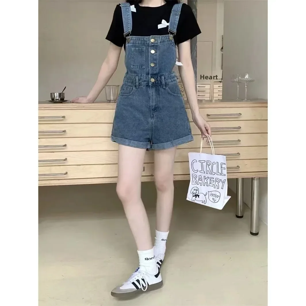 ハイウエストストレートデニムオーバーオール レディース 春夏新作 シングルボタン カフ付きショートパンツ プラスサイズ ワイドレッグパンツ