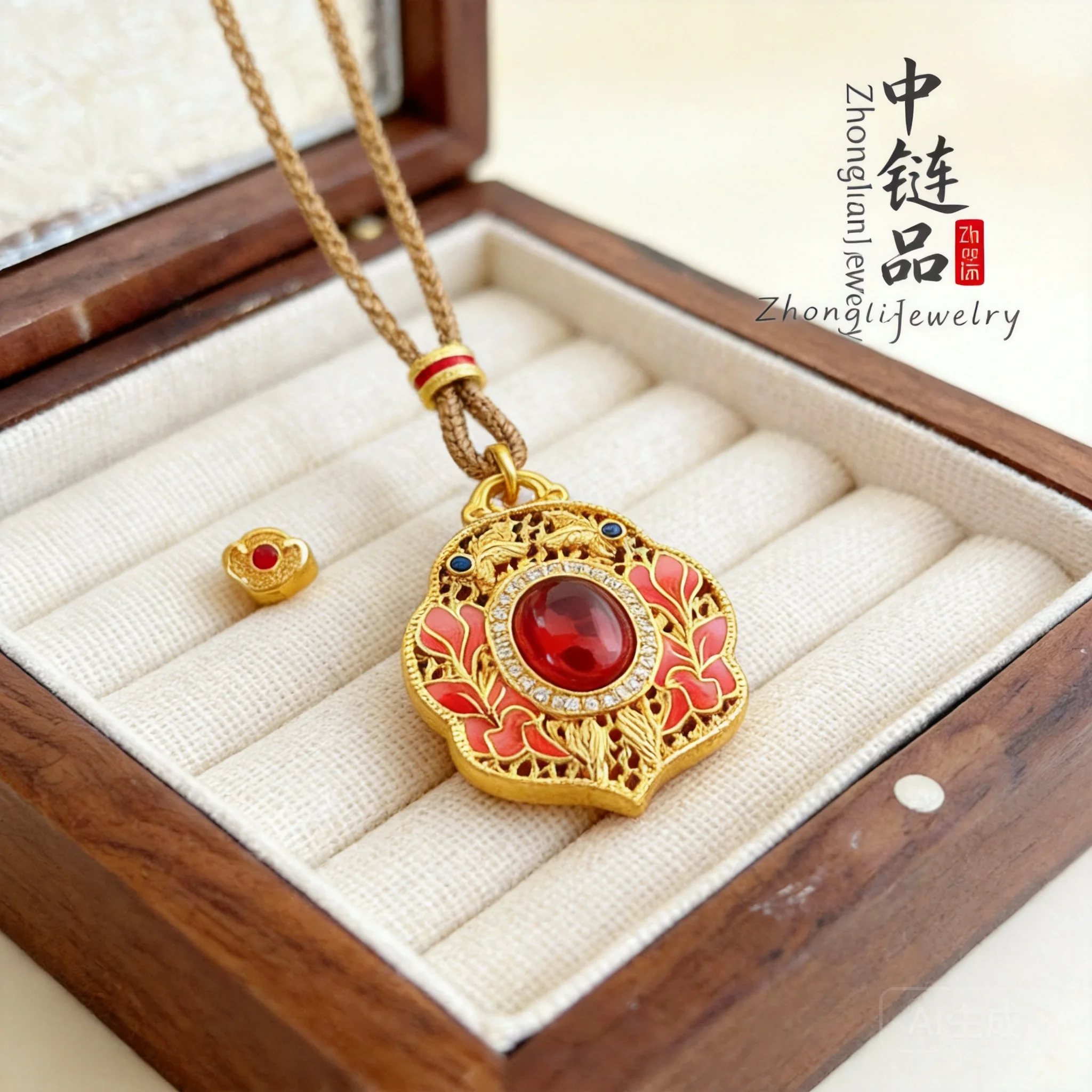 

2026 Chinese Trend Style Gold Plated Enamel Filigree Bee Flower Ruyi Lock Pendant Necklace For Women Red Stone Inlaid For Daily