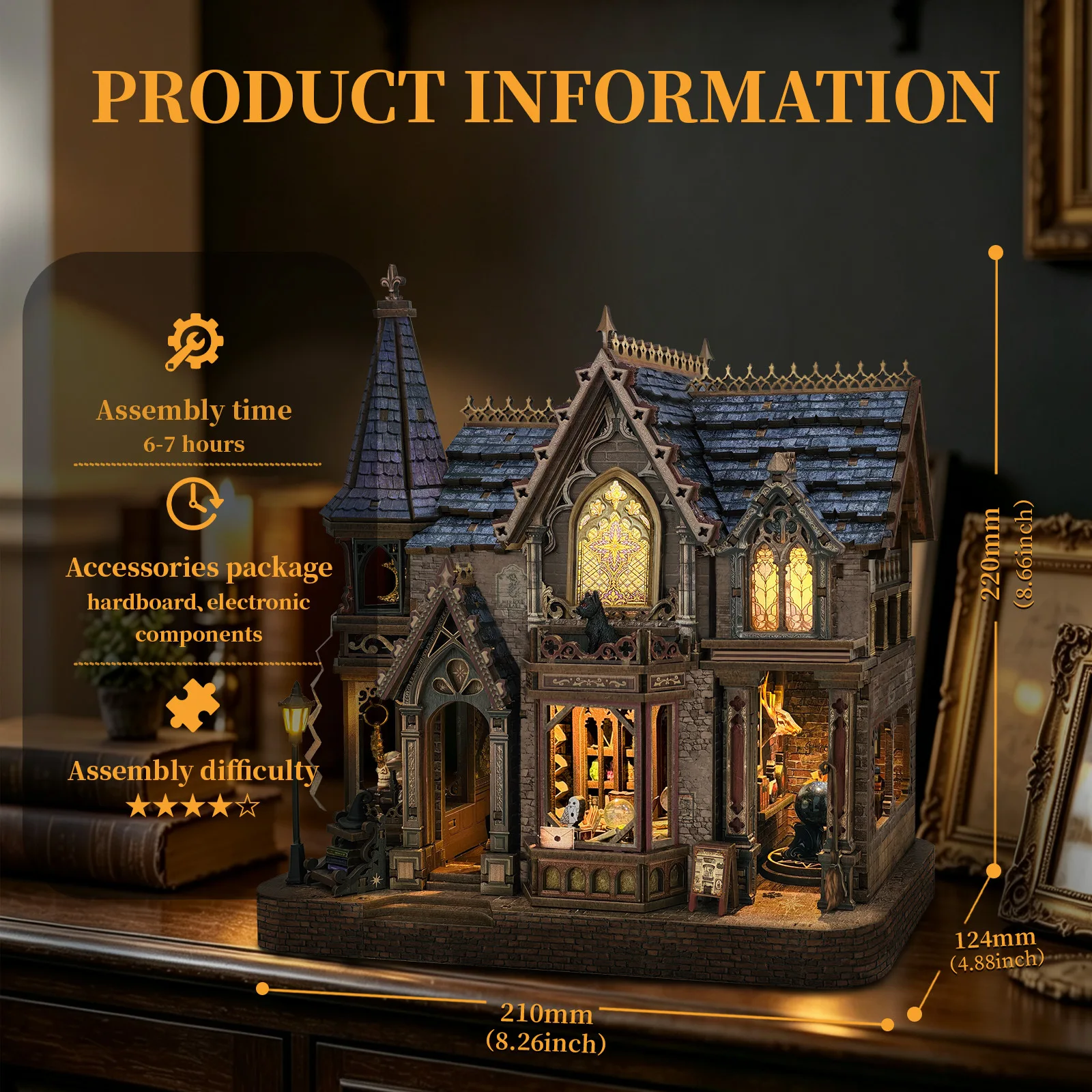 Magic City DIY Book Nook Kit, Wooden Miniature House Bookend with Touch LED Lights, 3D Puzzle Model, Micro Landscape Decor