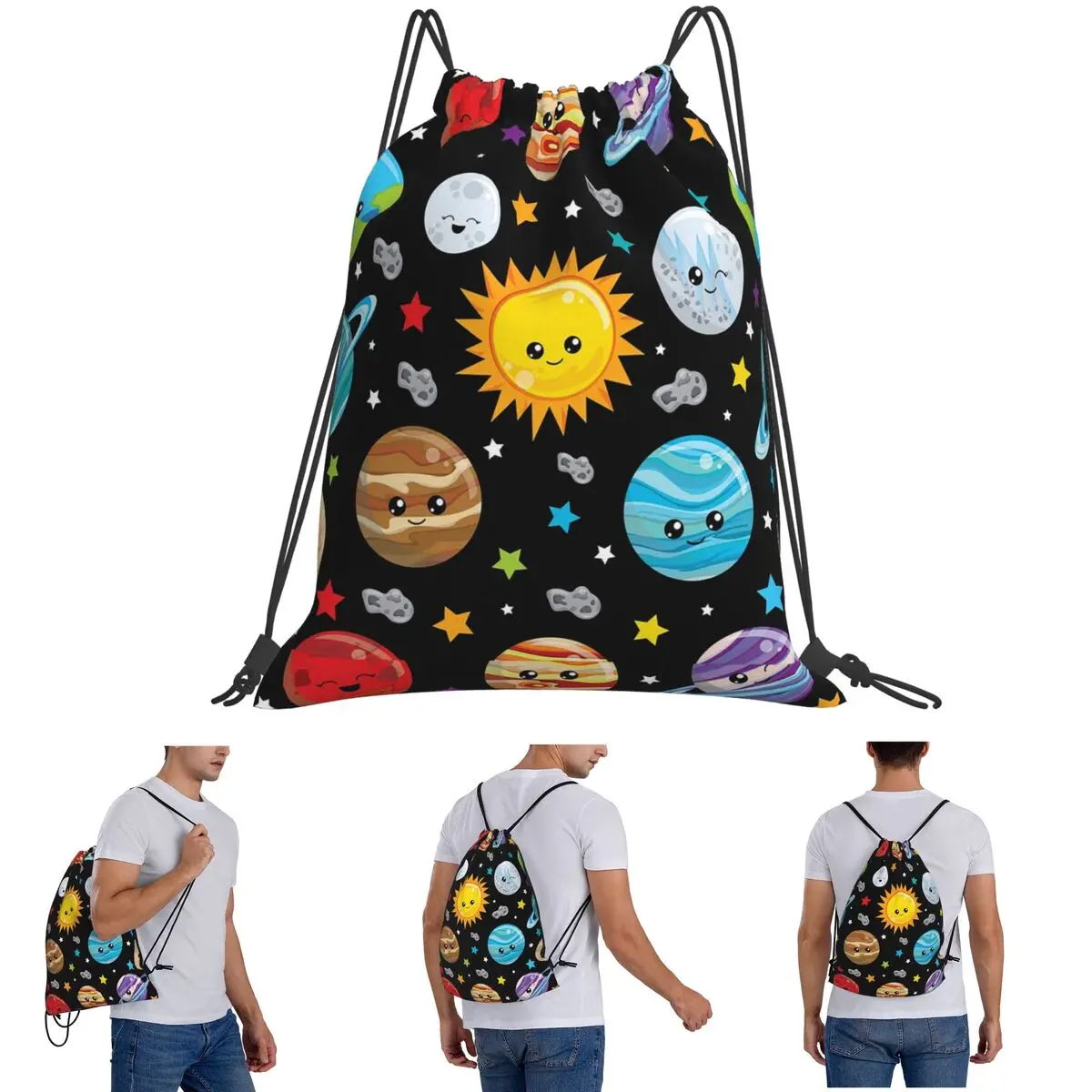 Kawaii Planets Cute Solar System Backpacks Casual Drawstring Bundle Pocket Sports Bag Book Bags for Travel School
