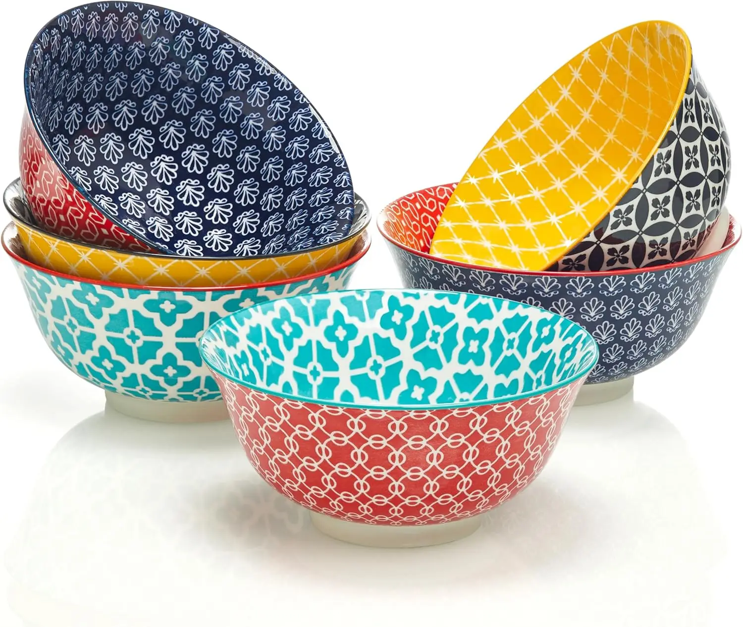 

Set of 6 Large 33oz Ceramic Bowls for Ramen, Pasta, Salad - Vibrant Patterned Kitchen Decor & Gift - Dishwasher & Microwave Safe