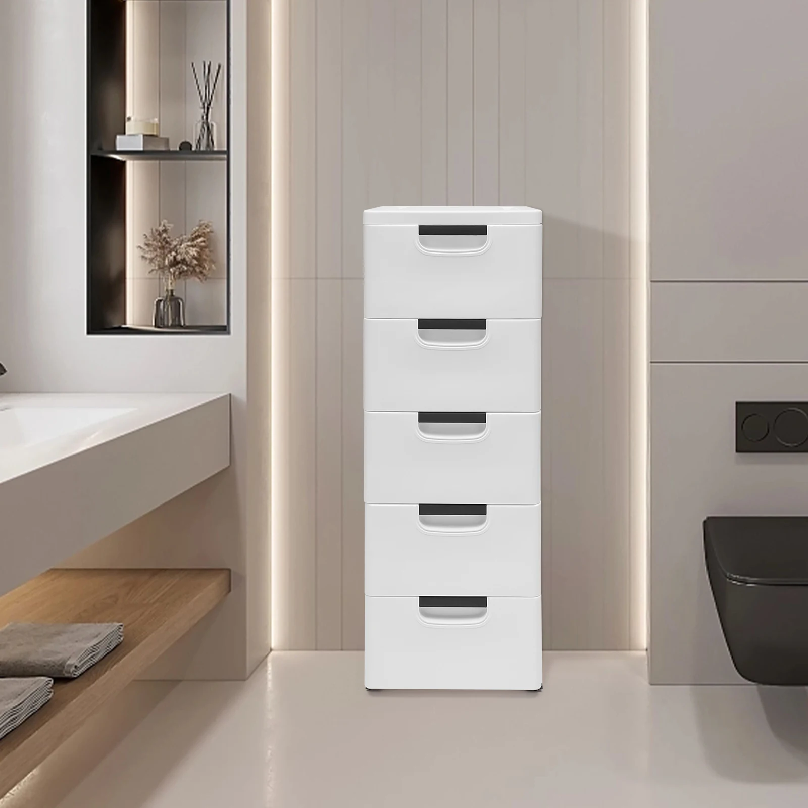 

5-Tier Plastic Storage Cabinet with Drawers, Bedroom Stackable Closet Organizer for Clothes, Modern White PP Dresser Chest Tower