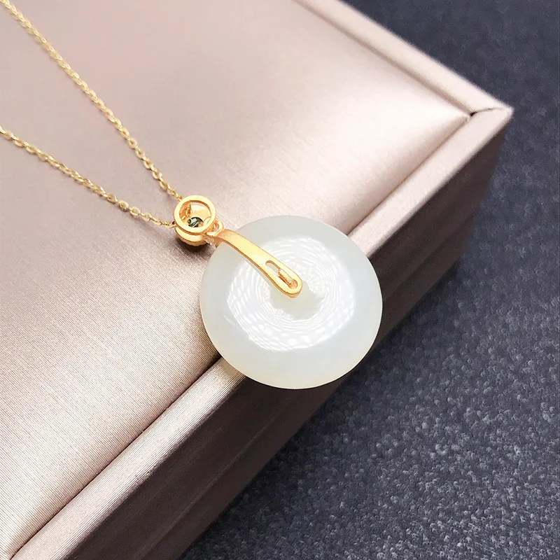 Chinese Style Lucky Blessing Natural Hetian White Jade Peace Buckle Pendant Gold Plated Silver Necklace Good Luck Jewelry For