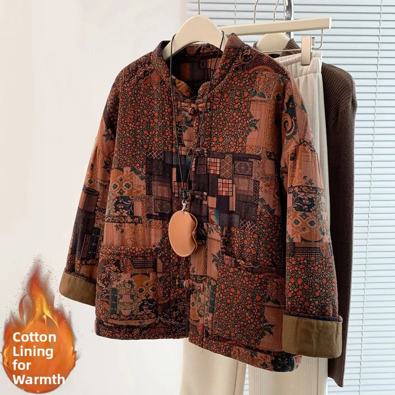 Thiened コットンリネンプリント女性のオルトコートスタンドカラー暖かい冬ジャエット小さなアウタートップアンチエイジング綿の服