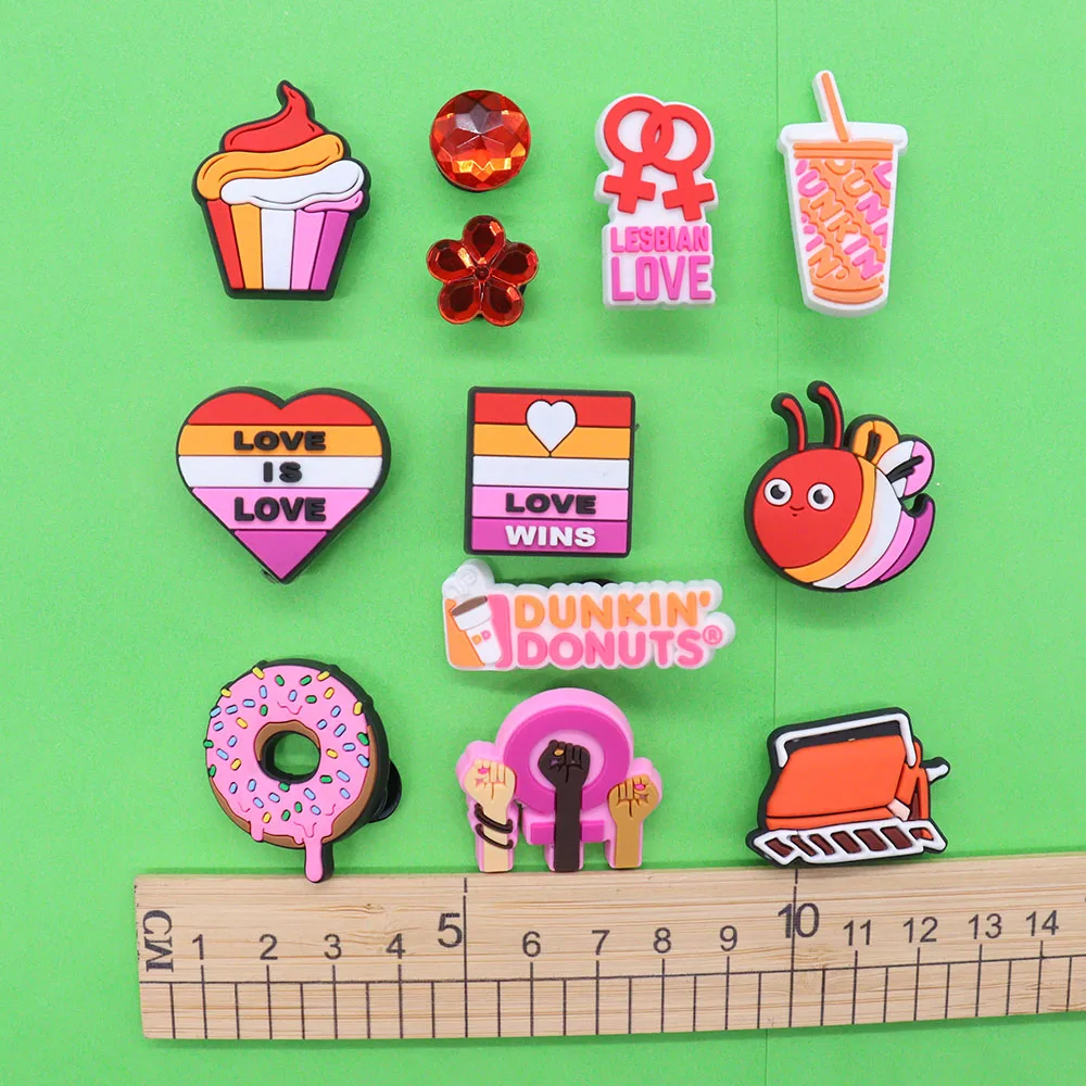 1-12PCS PVC Shoe Charms Donut Heart Flower Cake Lesbian Love Wins Sandals Shoes Decoration Fit Wristbands Accessories Xmas Gifts