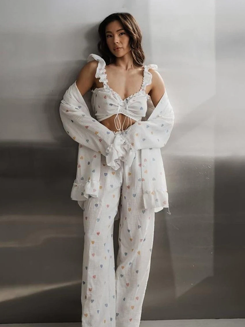 Marthaqiqi Casual Female Pajama Set Turn-Down Collar Sleepwear Long Sleeve Pyjamas Tank Tops Pants Cotton Nightwear 3 Piece Suit