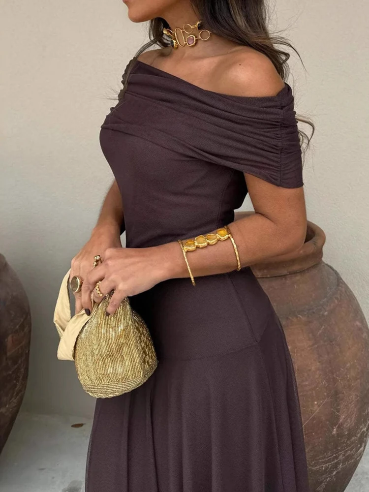 Women Diagonal Collar Summer Solid Long Dress Female Sleeveless Backless Pleated Party Dress 2023 Casual Streetwear Maxi Dresses