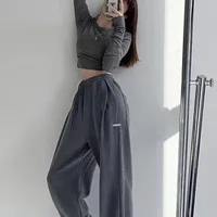 Loose American Lettering Street Style Sports Pants Women's Casual Trousers High Waist Straight Leg Sweatpants Grey Spring Autumn 2