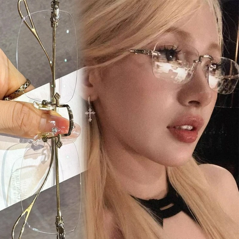 Fashion Women Transparent Square Rimless Shades Glasses Vintage Sturdy AC Lens Spectacles Unisex Decorative Metal Frame Eyewear