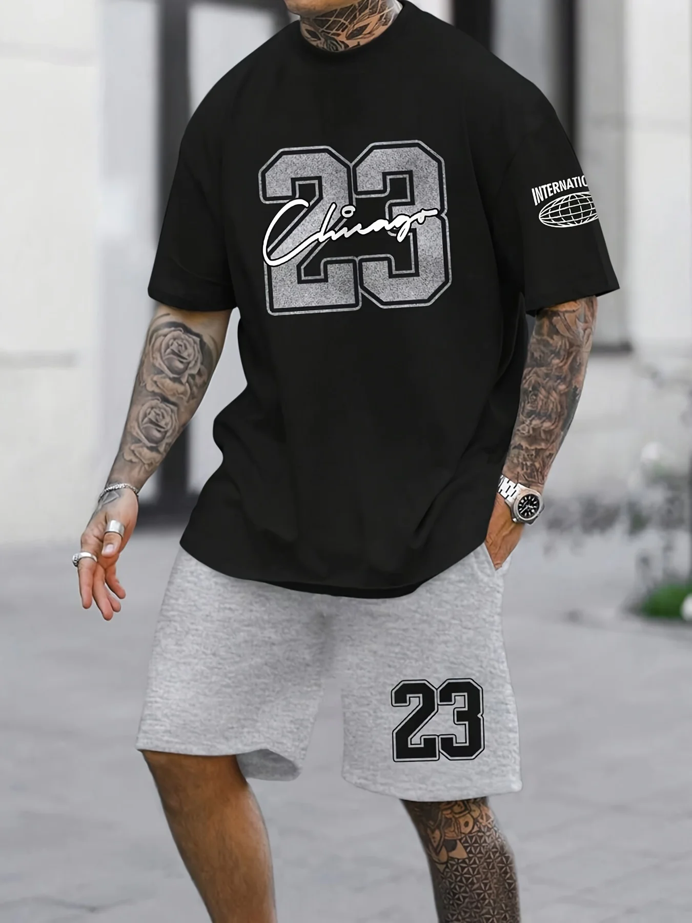 Summer Fashion 2 Piece Men\'s Clothing 23 & Chicago Graphic Print T Shirt and Shorts Set Men\'s Sportswear Plus Size Menswear