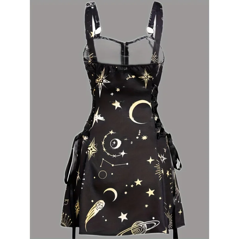 Galaxy Print Slip Dress - Strapless Backless Braid Detailing, Polyester Woven Sexy Party Dress for Women Summer Random Printing