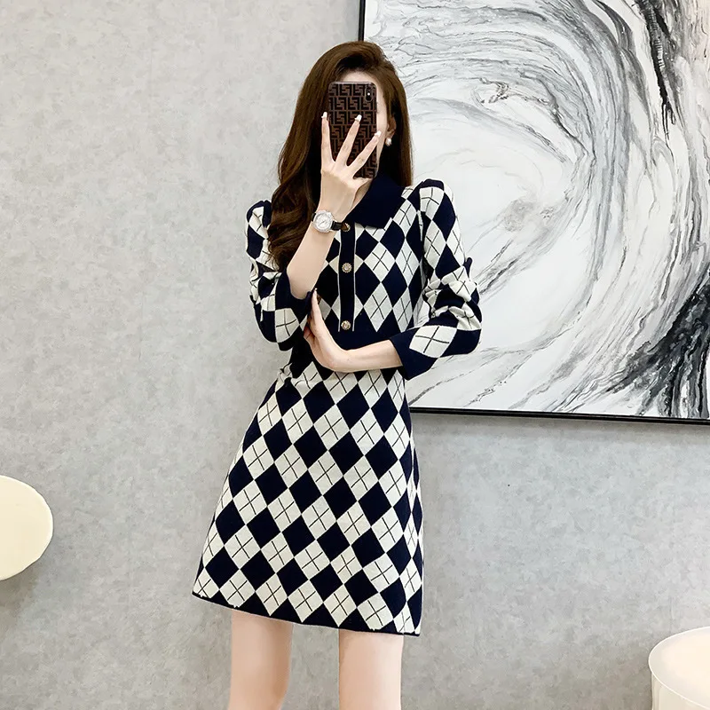 Winter Knitted Dress Women's New Round Neck Long Sleeve Slim Sweater Small Dress