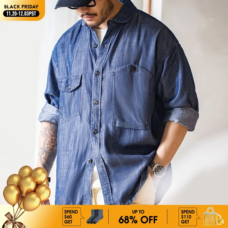 

Maden 2023 Autumn Men's Vintage Tencel Denim Shirts Amekaji Lycra Long Sleeve CPO Shirt Jacket Uncle Fu Brand Luxury Jean Blouse