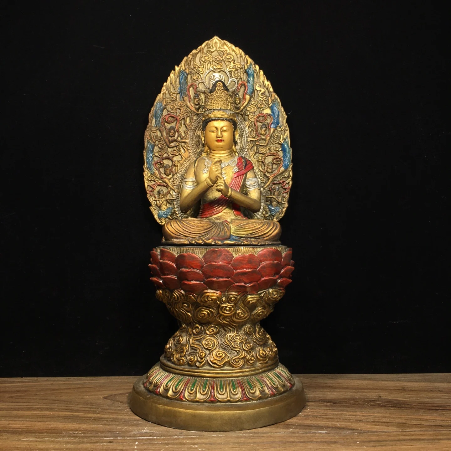 

14"Xizang Folk Old Bronze Painted Parinirvana Sitting Buddha Shakyamuni Amitabha Buddha Backlight Worship Hall