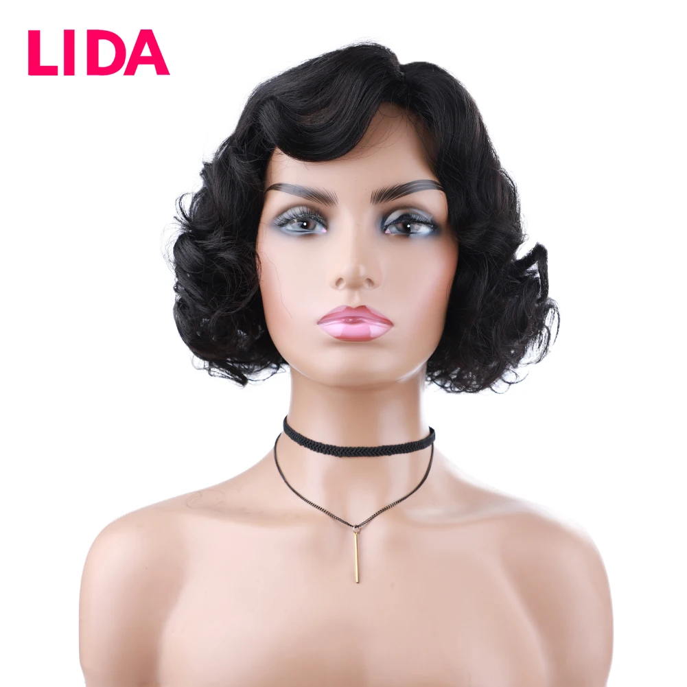 Lida Mixed Human Hair Wig Short Curly Women Wig Hair Extensions Side Part With Natural Top Hair Line Machine Made Daily Wig