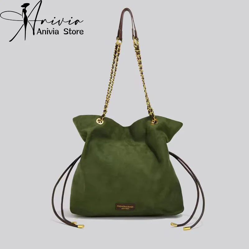 Women's Green Beige Black Matte Chain Casual Shoulder Bag Underarm Bag Y2K Large Capacity Bucket Bag Elegant High Street Fashion