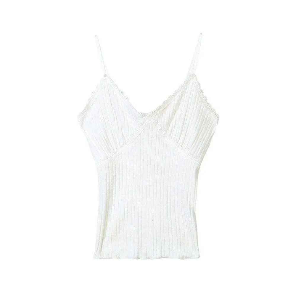 Casual V Neck Lace Trim Vest Built-in Bra Slim Fit Backless Strappy Vest Short Sleeveless Top Women