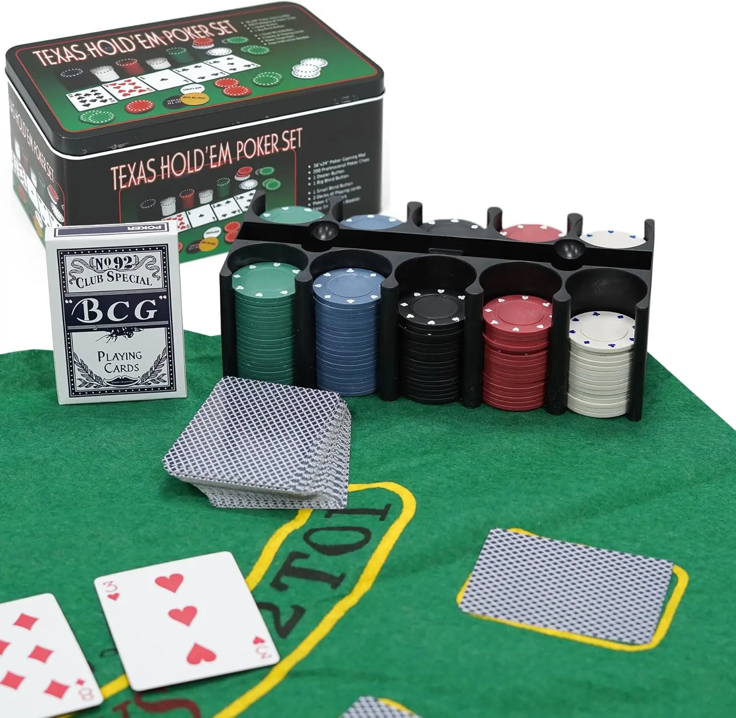 200 Pcs Poker Chips Set Casino Texas Holdem Poker Set and Black Jacks Game Poker Sets with Mat & Tin Box For Entertainment Game