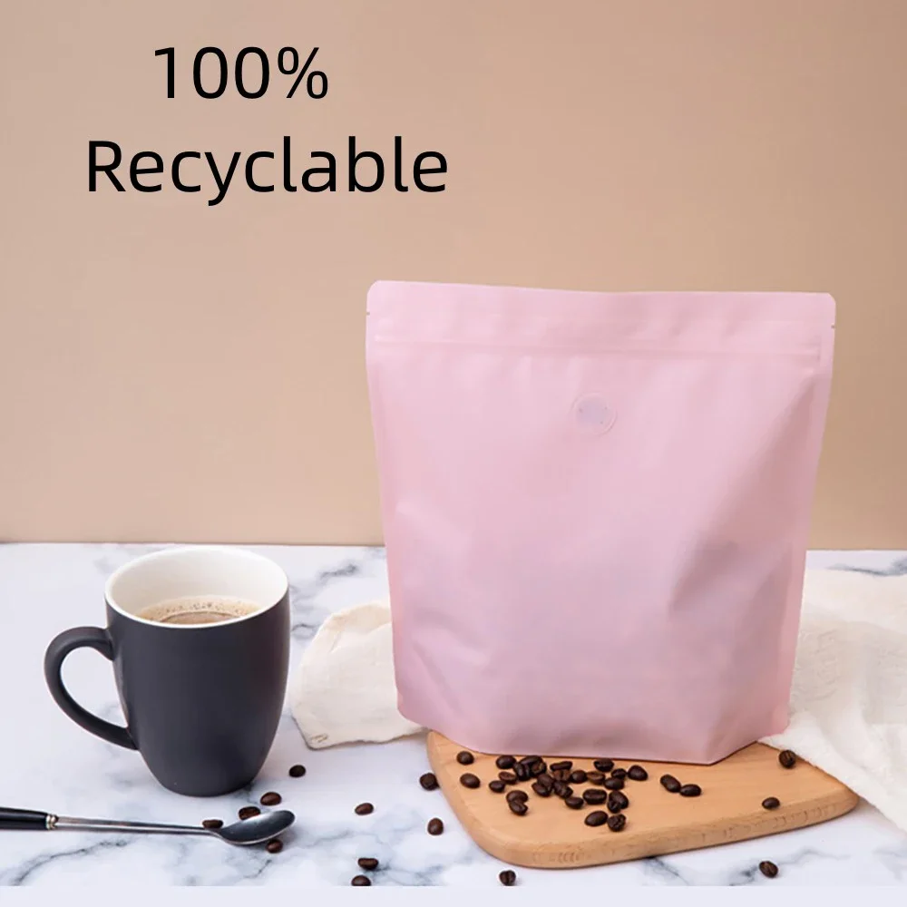 50PCS Fully Recyclable Stand Up Pouch Resealable Empty Tea Packaging Bag with Zipper PE60/EVOH-PE80 Coffee Valve Pink Mylar Bag