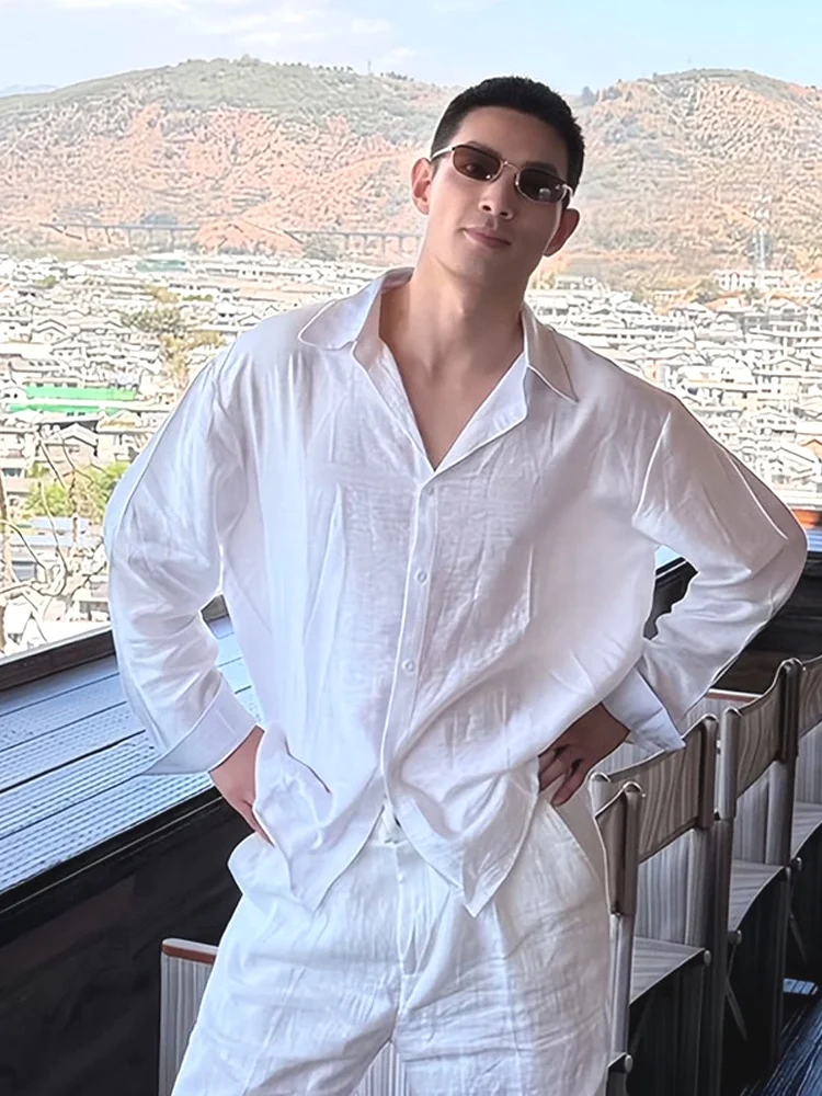 

White Cotton Linen Shirt Set Men's Loose Fit Long Sleeve Sun Protection Open Cardigan Silk Linen Breathable Long Pants