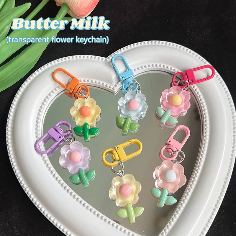 Colored Flowers Key Chain Transparent Flowers Pendant Key Ring Backpack Charms Car Decoration Bag Accessories