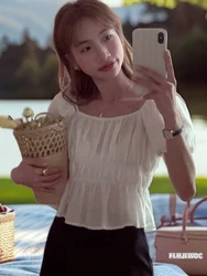 2024 Summer Short Crop Korea Chic Tops Blusas Fashion Flhjlwoc Design Peplum Solid White Sexy Off Shoulder Women Blouses